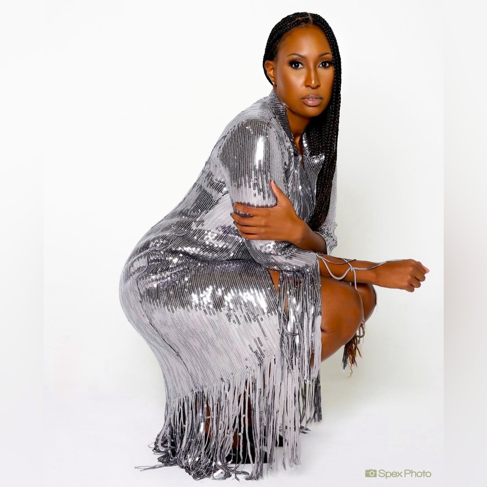 Silver sequin dress.